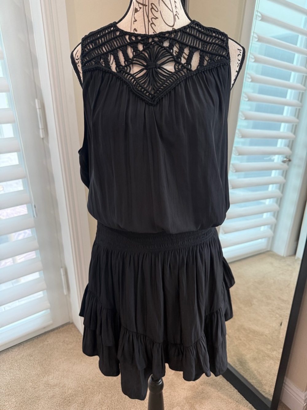 Ramy Brook Faye Mini Black Sleeveless Dress with Crochet Yoke